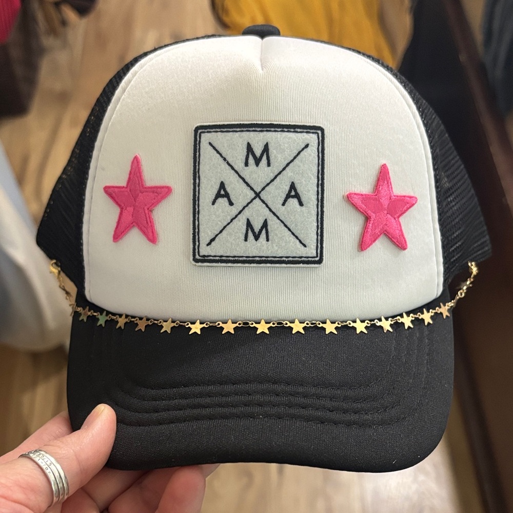 White & Black Trucker Hat with Pink Star Accents